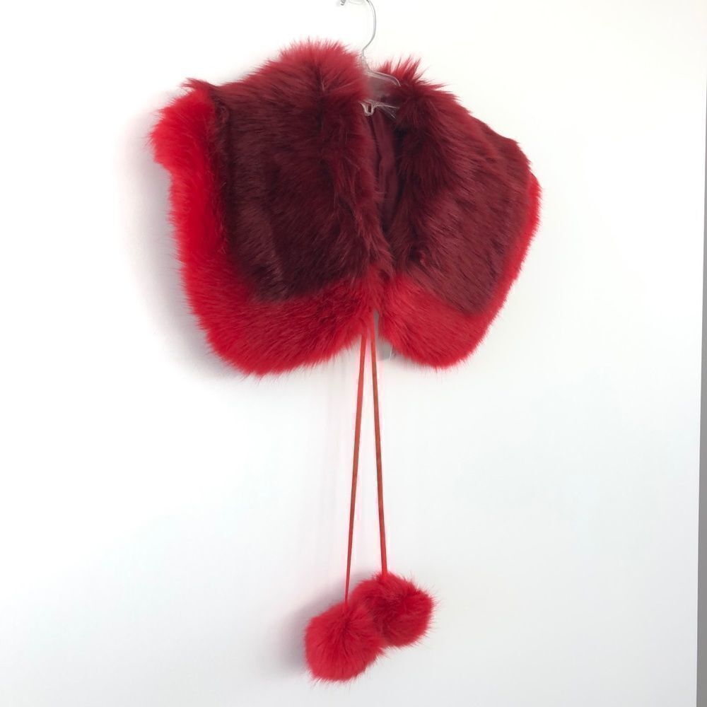 BP. Faux Fur Two-Tone Collar Featuring Pom Pom Ties in Red Burgundy One Size - Picture 2 of 3